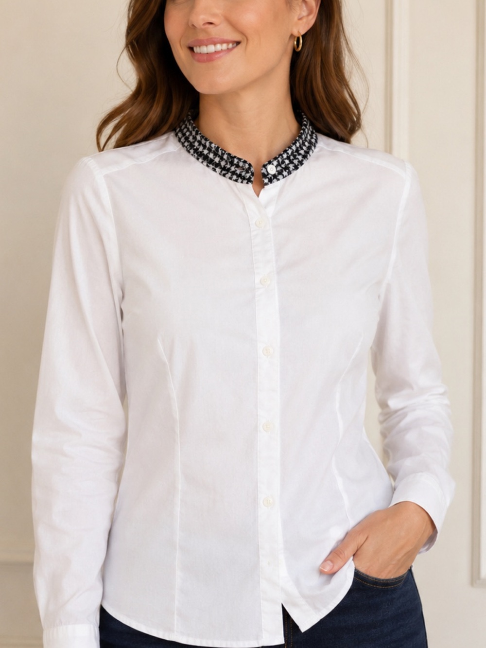 Barbour Houndstooth Trim Mandarin Collar Cotton Blouse Sz 8